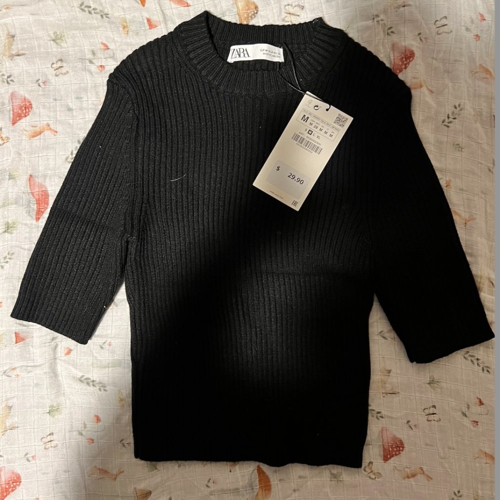 NWT Zara Black Ribbed Crop Mockneck Sweater Sz M